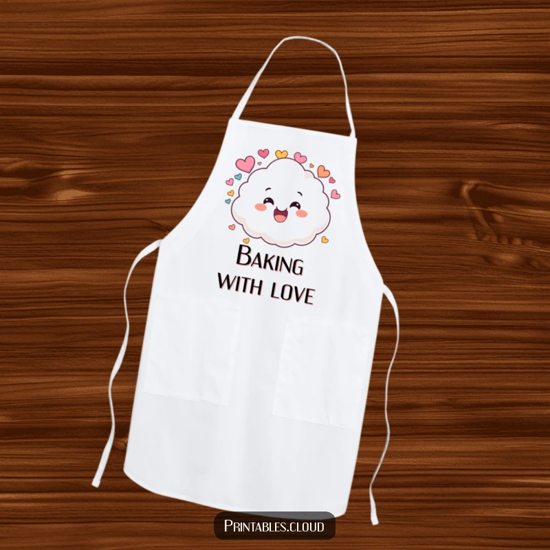 Funny apron with a happy, grinning cloud character playfully showering colorful heart shapes while cooking.