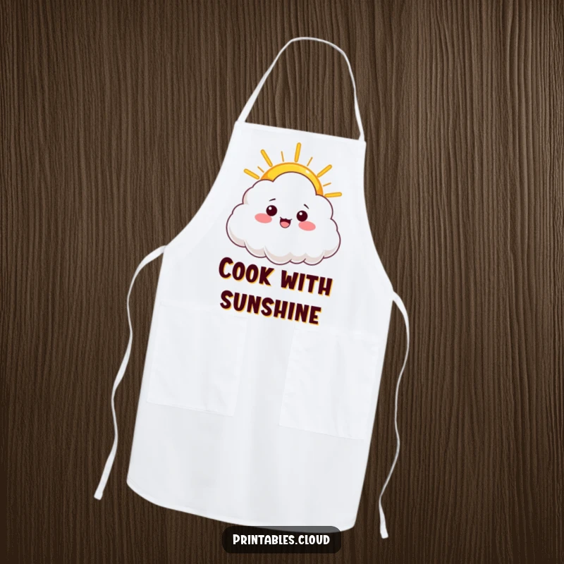 Funny apron featuring a cloud character offering a warm ray of sunshine, adding a touch of cheer and humor to cooking.