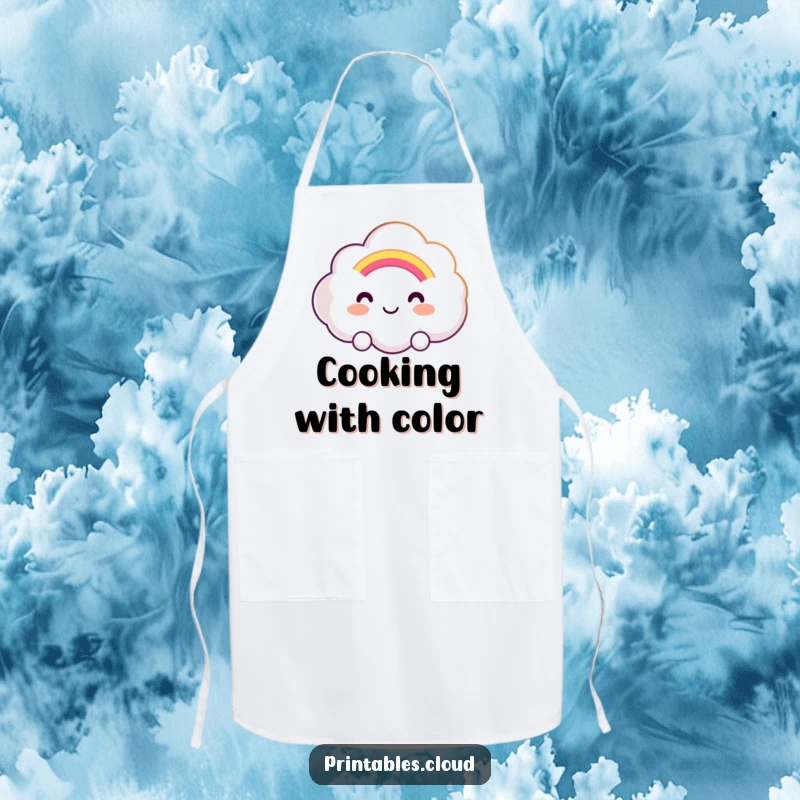 Funny apron with a smiling cloud character presenting a soft, glowing rainbow, ideal for adding cheer to kitchen activities.