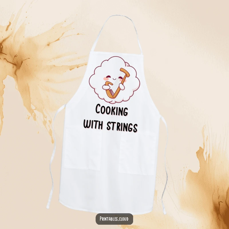 Funny apron depicting a cheerful cloud character floating and playing a gentle harp, perfect for kitchen fun with music.