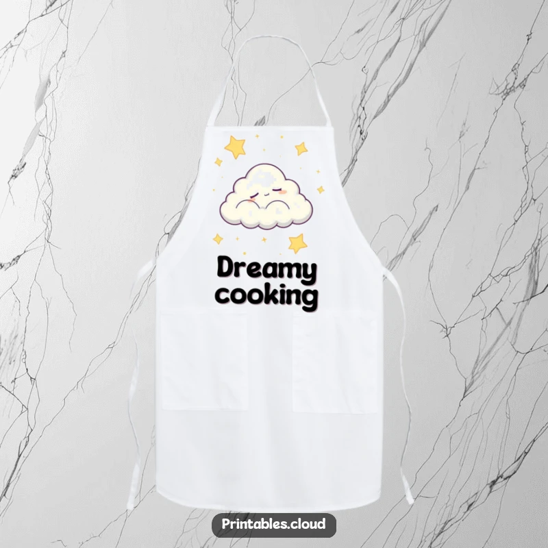 Funny apron showing a sleepy cloud character peacefully drifting across a starry night sky, a humorous design for calm cooks.