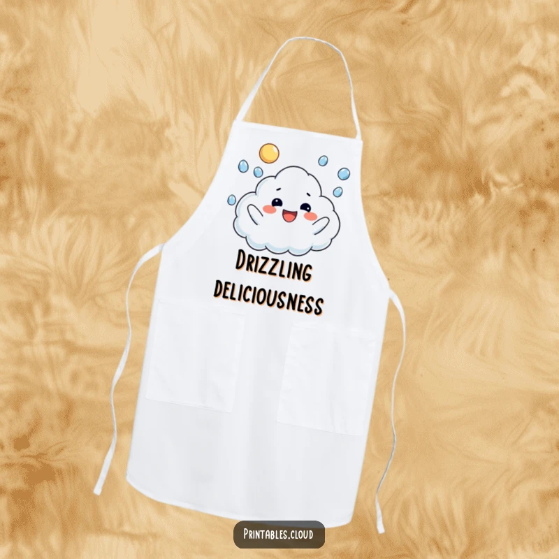 Funny apron depicting a happy cloud character joyfully juggling raindrops, bringing cheerful fun to the kitchen.