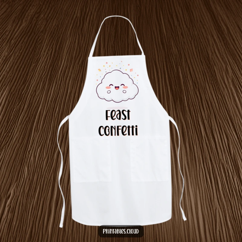 Funny Apron: A joyful cloud character showers light particles like confetti while cooking, adding humor to kitchen wear.