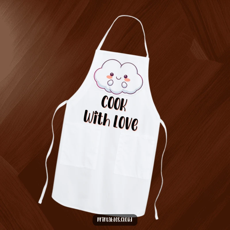 Funny apron featuring a heart-shaped cloud character floating happily, adding a touch of love and humor to cooking and baking.