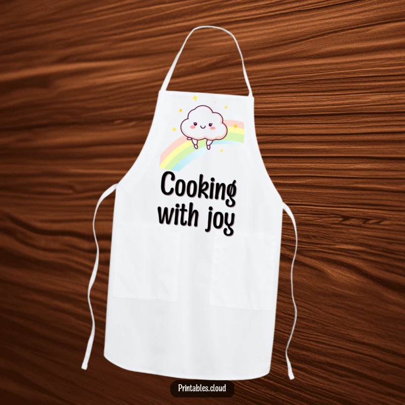 Funny Cloud Apron: A happy cloud character bounces on a rainbow, ready for kitchen fun.