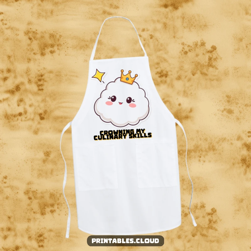 Funny apron showing a crowned cloud character with a surprised expression, looking up at a shooting star, great for kitchen fun.