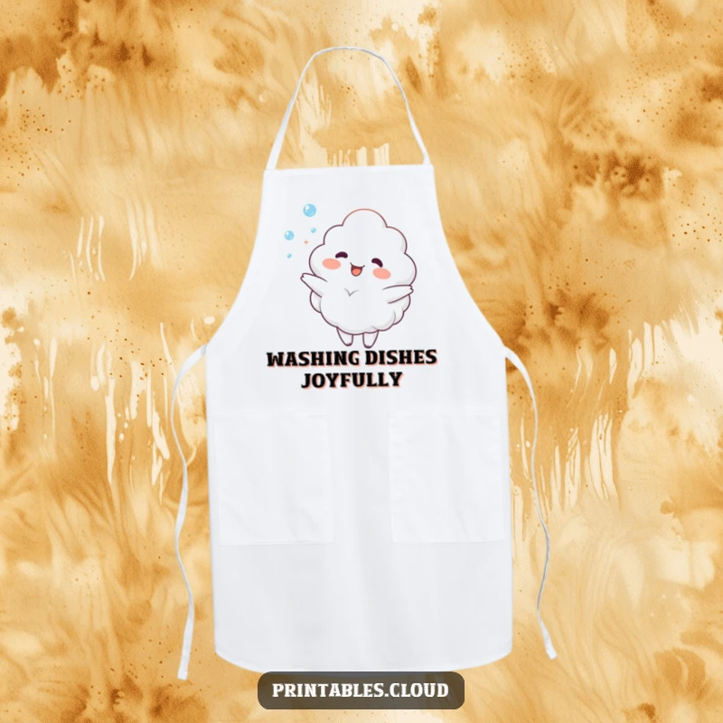 Funny Apron: Humorous apron featuring a happy cloud character juggling dewdrops, perfect for adding cheer to any kitchen.