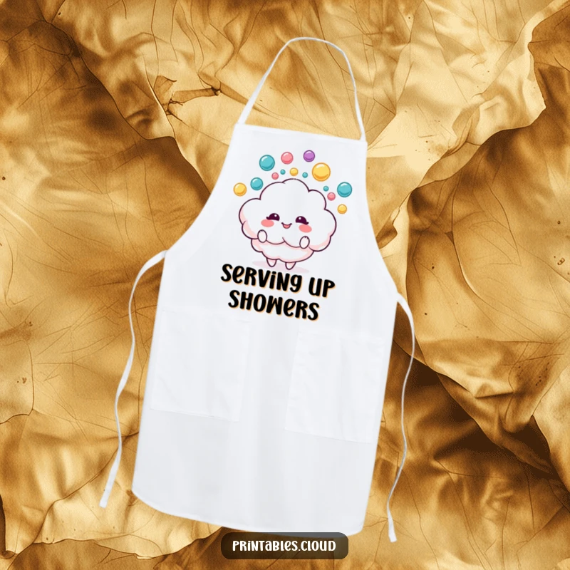 Funny apron featuring a delighted fluffy cloud character juggling colorful raindrops, perfect for a joyful and humorous cooking experience.