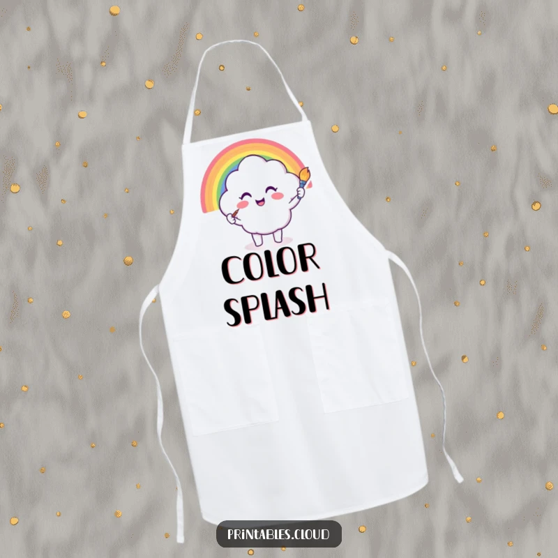 Funny apron showing a cloud character painting a rainbow with a brush, artistic kitchen accessory, humorous and colorful gift.