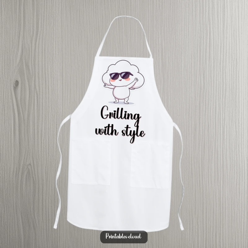Funny apron with a cool cloud character in sunglasses doing a yoga pose, perfect for kitchen comfort and style.