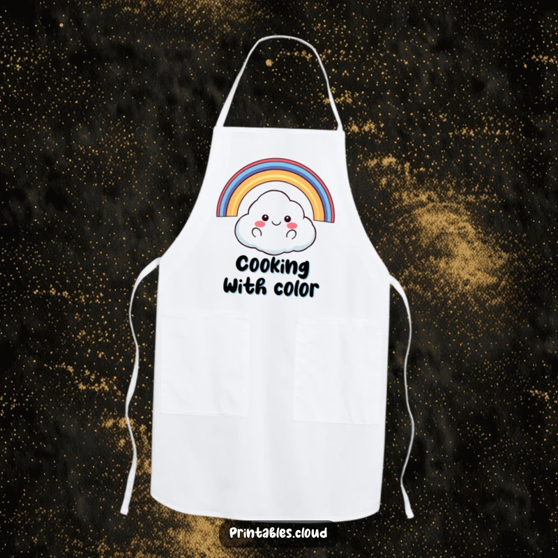 Funny happy cloud floating with rainbow arching over it apron, kitchen wear, cheerful and humorous, ideal funny gift.