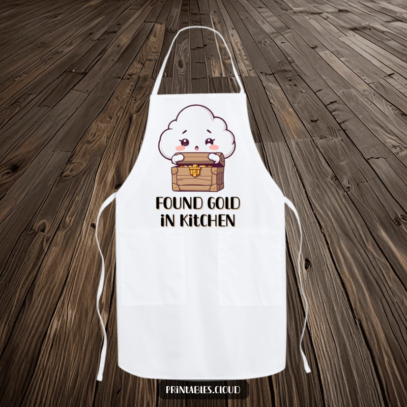 Funny apron featuring a cloud character with eyes wide in shock, opening a treasure chest overflowing with goodies.