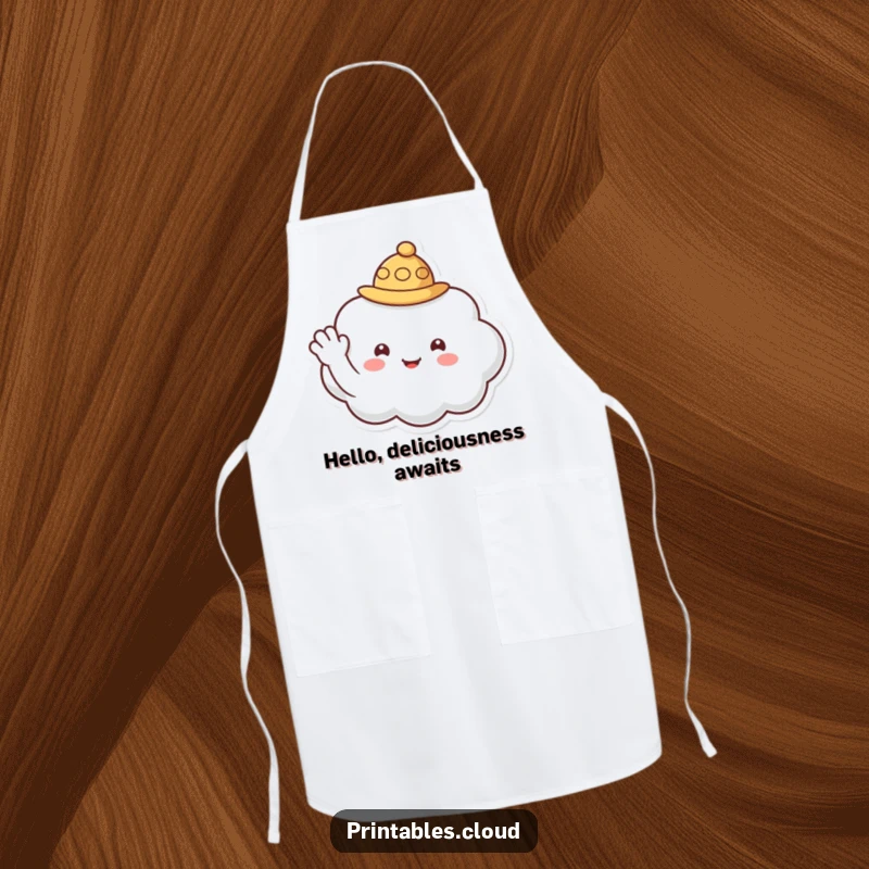 Funny apron featuring a cloud character wearing a small hat and extending a friendly wave, perfect for welcoming cooks.