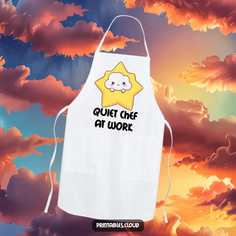 Funny apron with a shy cloud character peeking from behind a star, perfect for adding humor and cuteness to cooking.