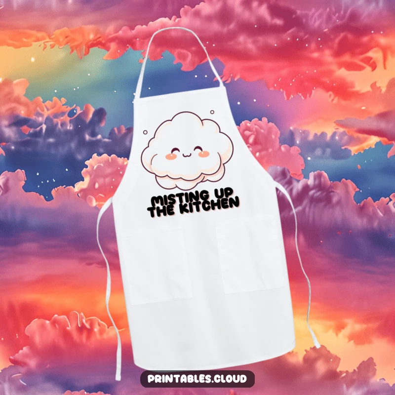 Funny giggling cloud character, making mist art, on a practical apron, bringing creative humor to the kitchen.