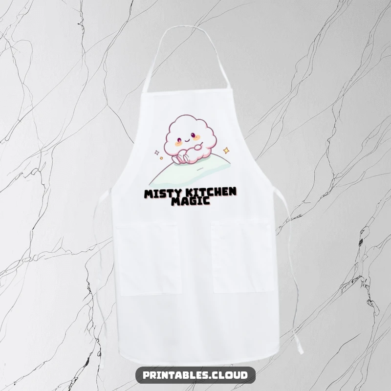 Funny Apron: A cloud character happily sliding down a gentle, misty slope, adding humor to the kitchen.