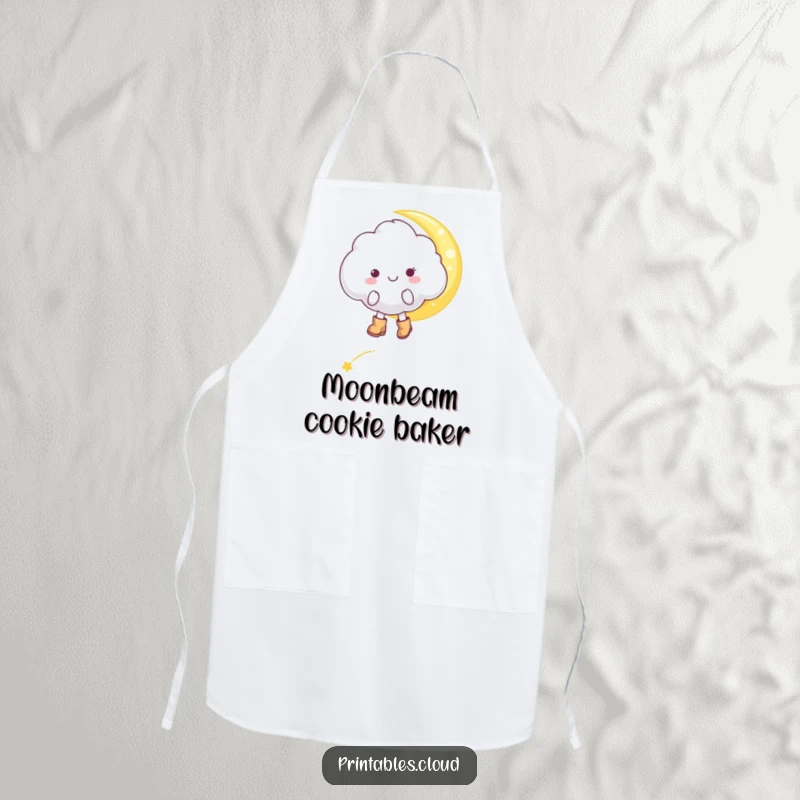Funny cheerful cloud character, in tiny boots, tiptoeing on a moonbeam, on a practical apron, bringing whimsical humor to the kitchen.
