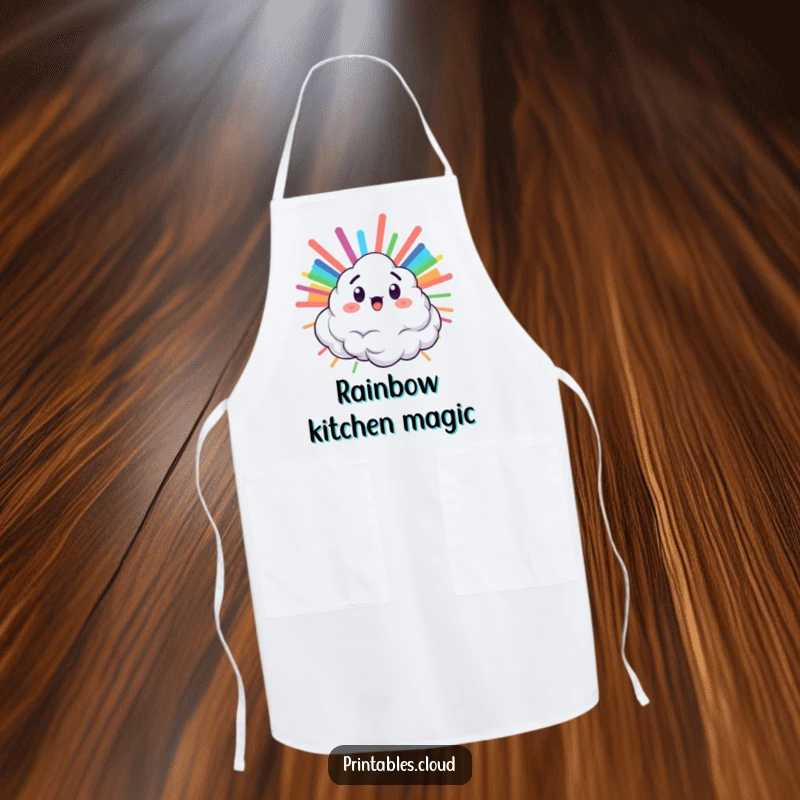 Funny apron showing a surprised cloud character bursting with a vibrant rainbow, great for colorful kitchen fun.