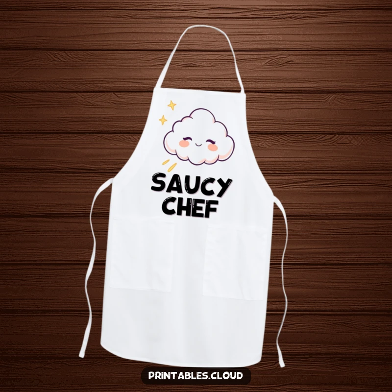 Funny Apron: A winking cloud character winks while cooking, leaving a trail of glitter, adding humor to kitchen wear.