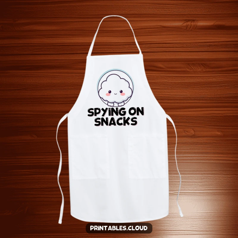 Funny apron depicting a curious cloud character peeking through a keyhole shape, perfect for kitchen fun and intrigue.