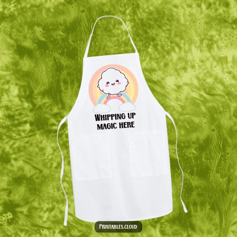 Funny apron featuring a leggy, happy cloud character bouncing energetically on a vibrant rainbow, perfect for joyful cooking.