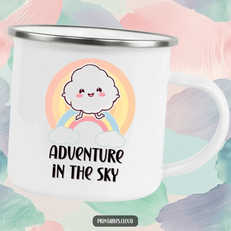 Funny enamel camping mug featuring a leggy, happy cloud character bouncing on a vibrant rainbow, for adventurous souls.