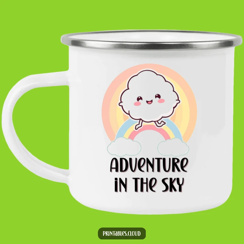 Funny Enamel Cloud Camping Mug - Rainbow Bouncing Character Gift for Outdoor Adventures