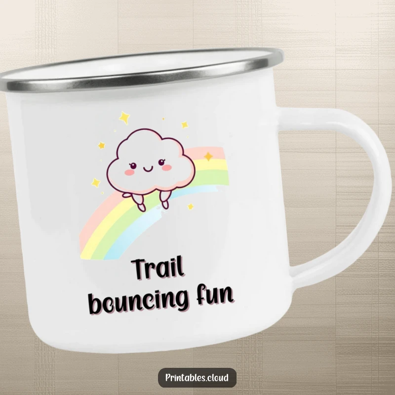 Funny Cloud Camping Mug: A happy cloud character bounces on a rainbow, designed for outdoor enjoyment.