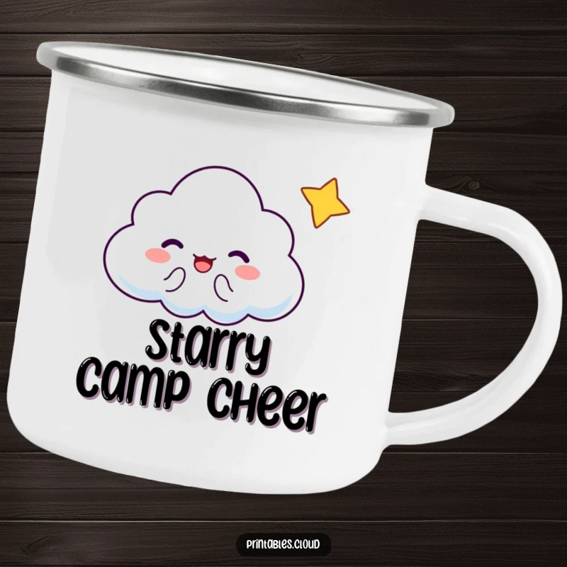 Funny Cloud Camping Mug: A cheering cloud character shares a moment with a winking star.
