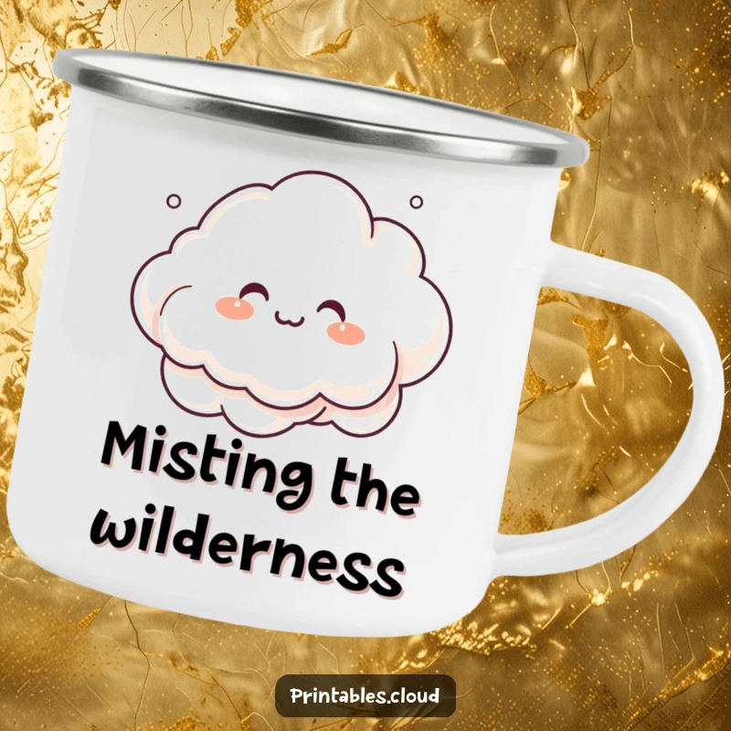 Funny giggling cloud character, creating mist art, on a sturdy camping mug, for humorous outdoor creative activities.