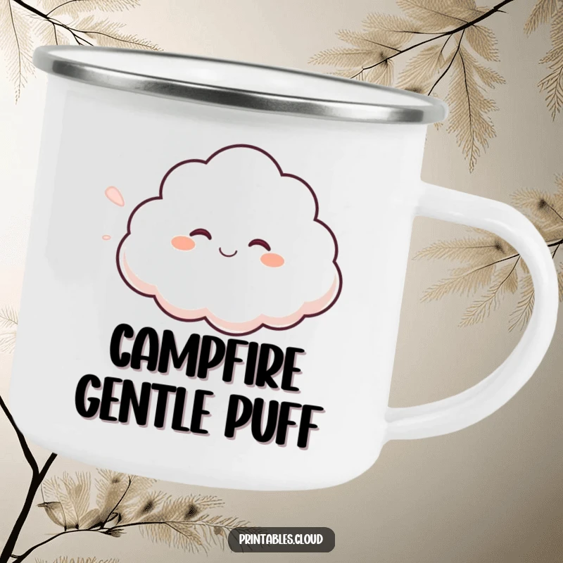 Funny giggling cloud camping mug, blowing a gentle breeze, perfect for outdoor drinks with a humorous, cheerful vibe.