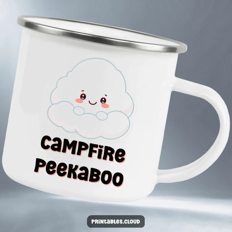 Funny Camping Mug: A cloud character playfully peeking out from behind a smiling cloud, adding humor to your adventures.