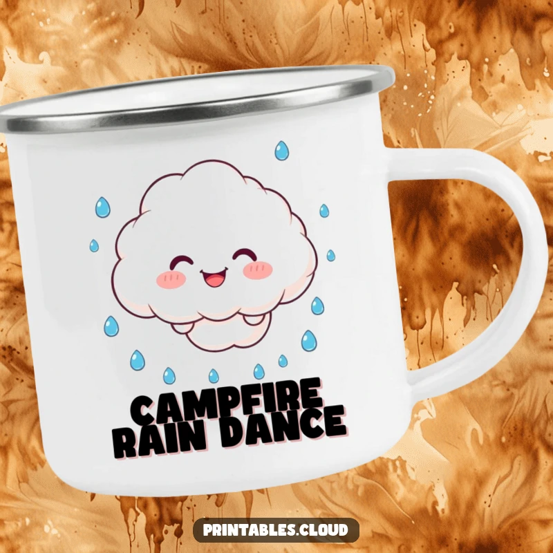 Funny Camping Mug: A fluffy cloud character juggles raindrops with a smile, ideal for outdoor weather humor.