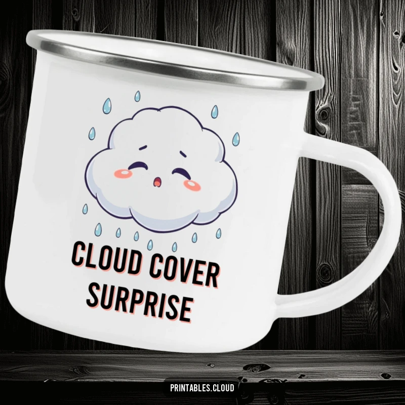 Funny surprised cloud camping mug, blinking as raindrops approach, ideal for outdoor beverages with a humorous twist.