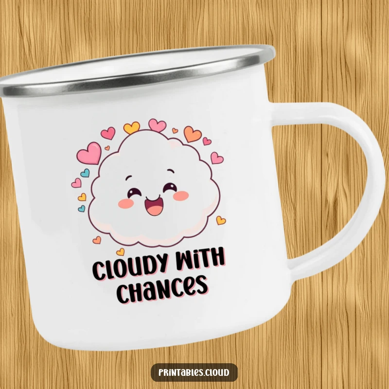 Funny camping mug with a smiling fluffy cloud character joyfully raining a cascade of colorful heart shapes.