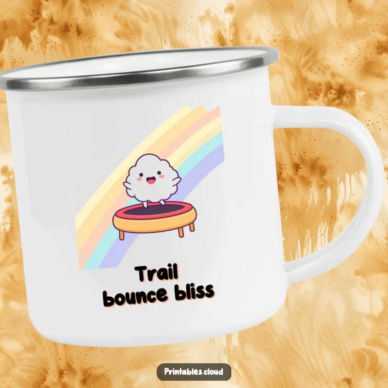 Funny camping mug showing a happy cloud character bouncing on a rainbow, perfect for outdoor fun and humor.