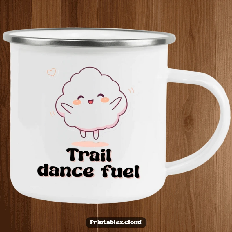 Funny camping mug showing a cloud character doing a silly dance in a gentle breeze, perfect for enjoying drinks outdoors with a playful vibe.