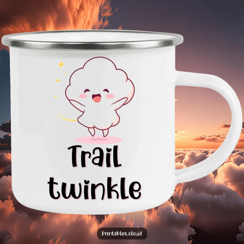 Funny Camping Mug: A delighted cloud character dances with a swirl of light, perfect for adding humor to outdoor trips.