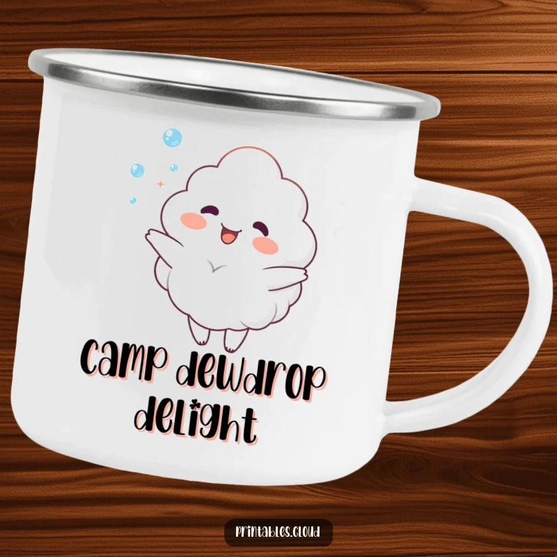 Funny Camping Mug: Durable mug featuring a delighted cloud character juggling dewdrops, perfect for bringing cheer to outdoor activities.
