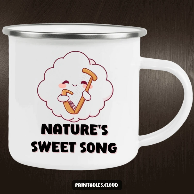 Funny camping mug showing a cheerful cloud character playing a gentle harp, perfect for enjoying drinks in nature.