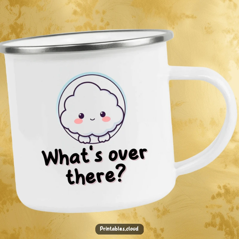 Funny camping mug showing a curious cloud character peeking through a keyhole shape, perfect for enjoying drinks in nature.