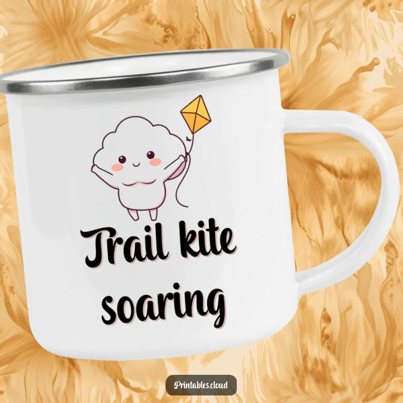 Funny enamel camping mug with a cheerful cloud character riding a kite with arms outstretched, ideal for adventurous sips.