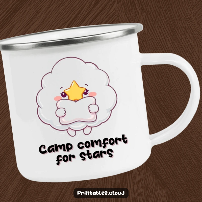 Funny enamel camping mug with a friendly cloud character offering a pillow to a bright star, perfect for sharing warmth.