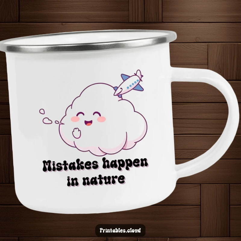 Funny Camping Mug: A giggling cloud character tickles an airplane with mist, ideal for outdoor humor.