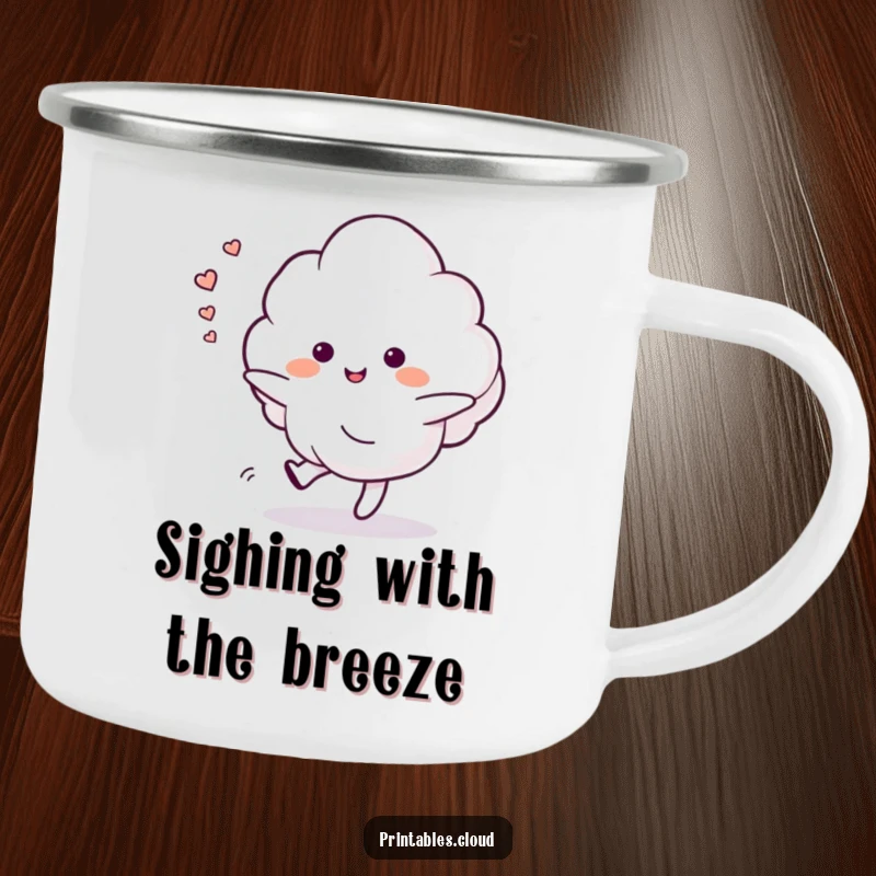 Funny camping mug with a dancing cloud character leaving a trail of happy sighs, perfect for outdoor enthusiasts and relaxing drinks.