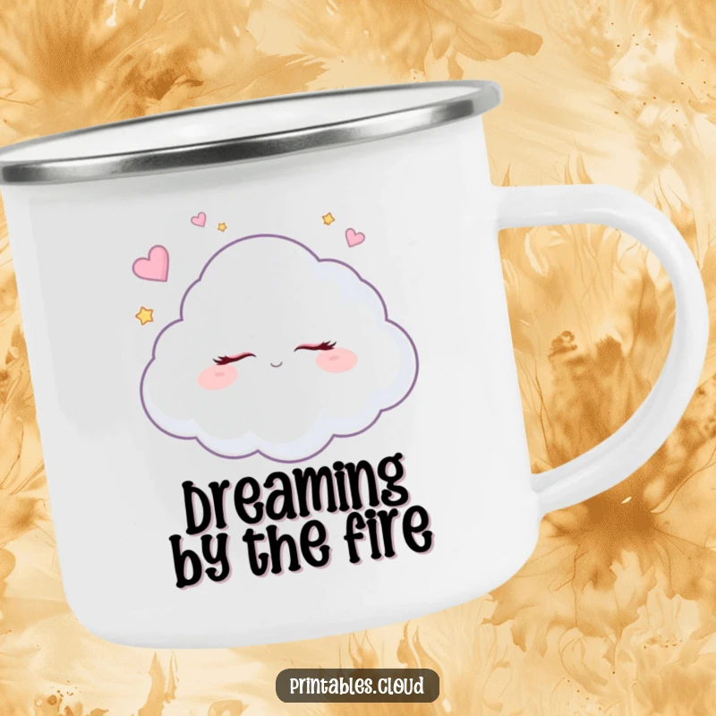 Funny dreaming cloud camping mug, cozying up with sugar plum visions by the campfire, perfect for outdoor humor.