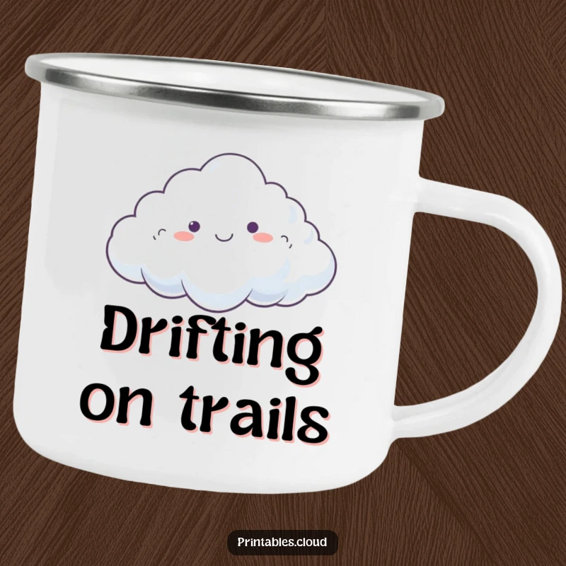 Funny Camping Mug featuring a dreamy cloud happily drifting on a gentle breeze, perfect for relaxed outdoor moments.