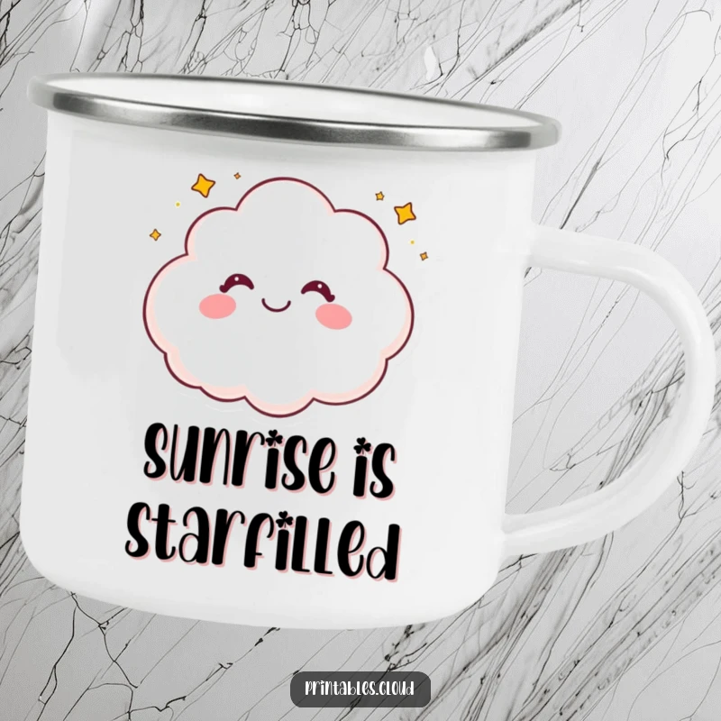 Funny camping mug showing a happy cloud character giggling and sprinkling tiny stars, perfect for outdoor adventures.
