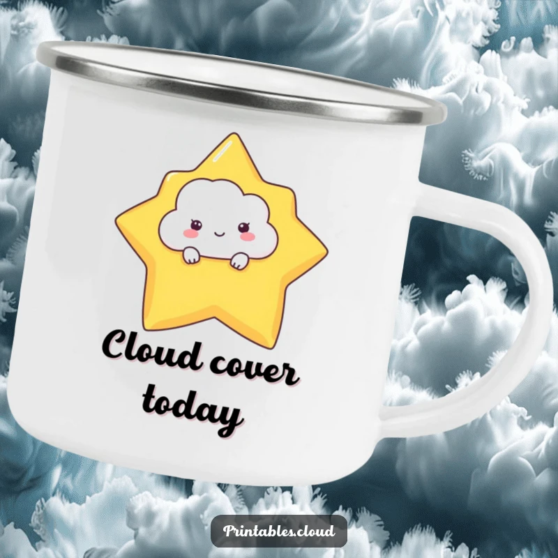 Funny camping mug featuring a shy cloud character peeking from behind a star, perfect for hot or cold drinks outdoors.
