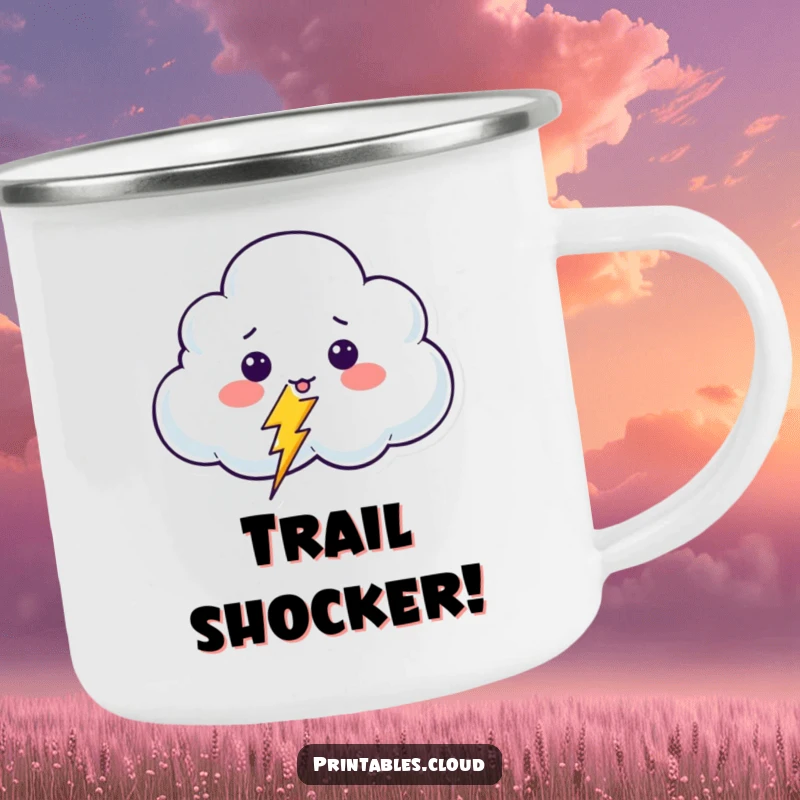 Funny Surprised Cloud Camping Mug depicting a shocked cloud character startled by a giggling lightning bolt, perfect for enjoying drinks outdoors.